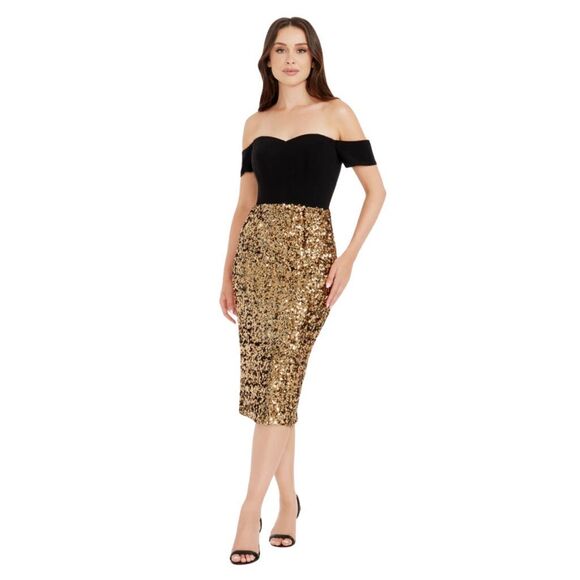 NWT Dress the Population Bailey Black Gold Sequin Bodycon Dress Medium $268 - Picture 1 of 7